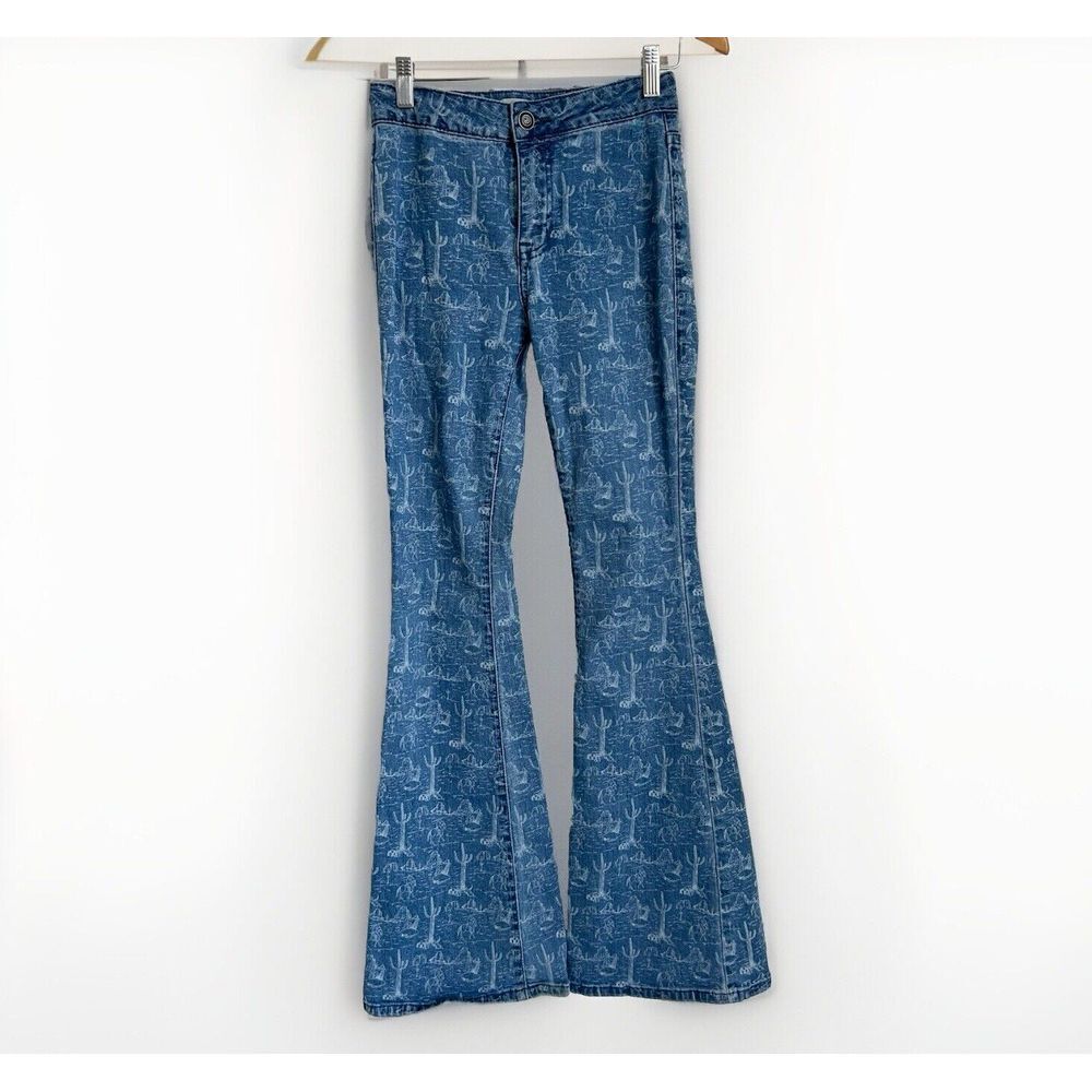 Rock & Roll Denim Flare Jeans Womens 25 Tall Blue Desert Cactus Print High Rise